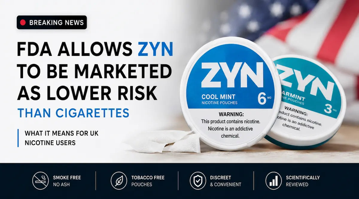 FDA allows ZYN nicotine pouches to be marketed with a lower risk claim than cigarettes, hero image for UK news article.