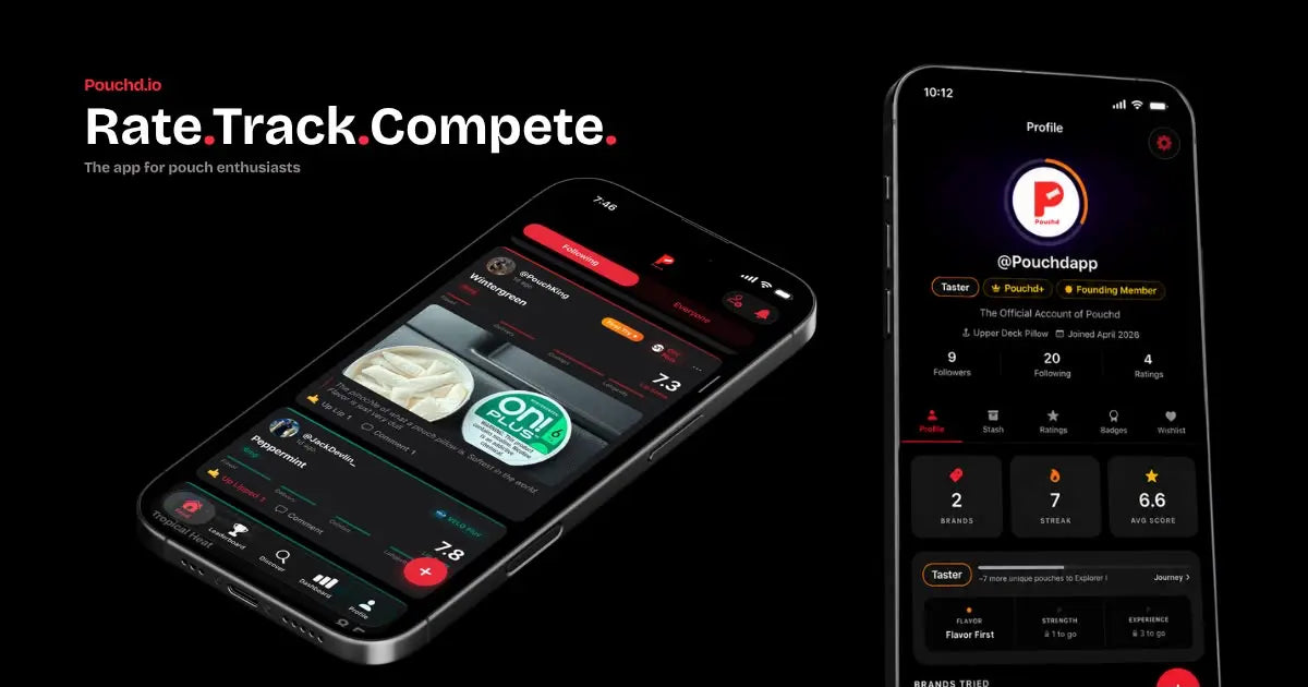 Pouchd nicotine pouch tracker app showing pouch ratings, reviews and community leaderboard