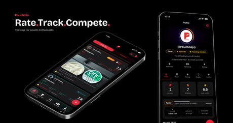 Pouchd nicotine pouch tracker app showing pouch ratings, reviews and community leaderboard